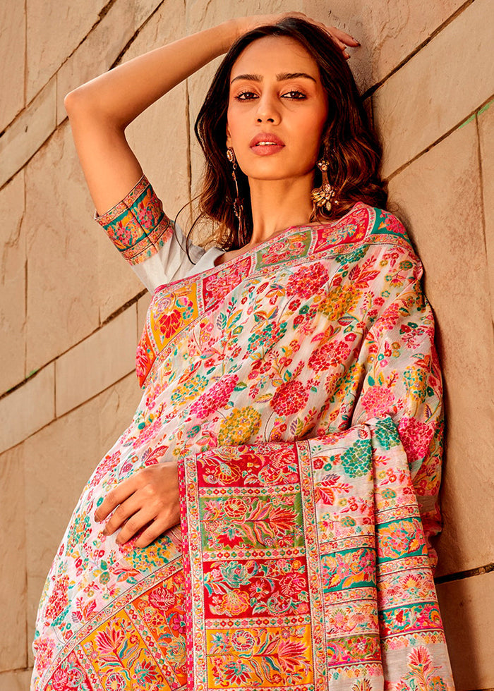 Daisy White Woven Kashmiri Jamawar Silk Saree - qivii