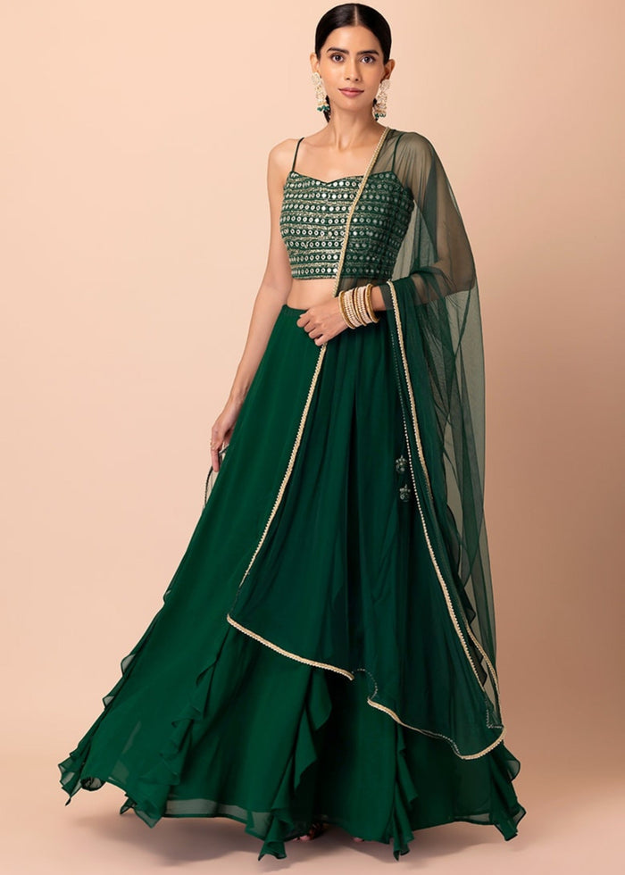 Dark Green Georgette Lehenga Choli With Sequins And Thread Embroidery Work | Ready To Wear - qivii