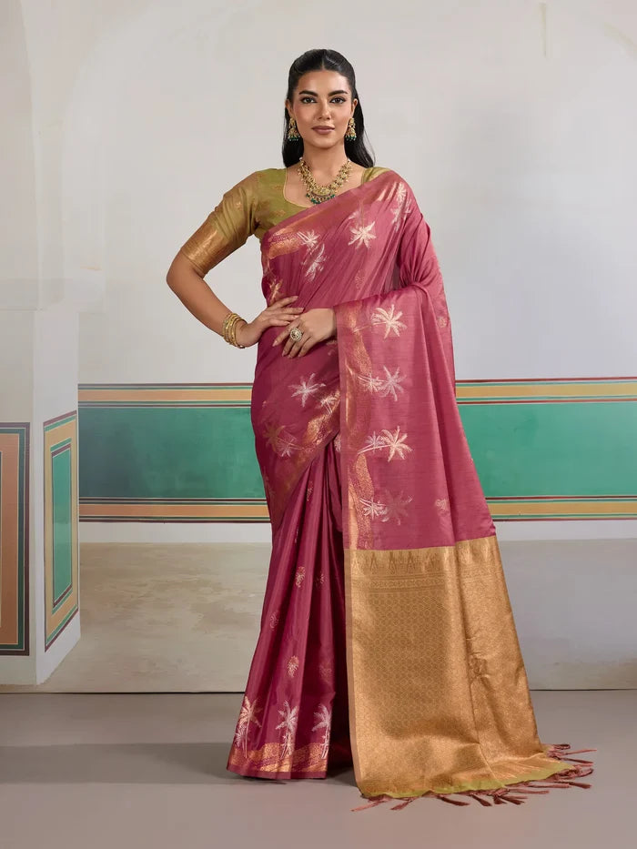 Dark Rose Tussar Silk Weaving Work Saree