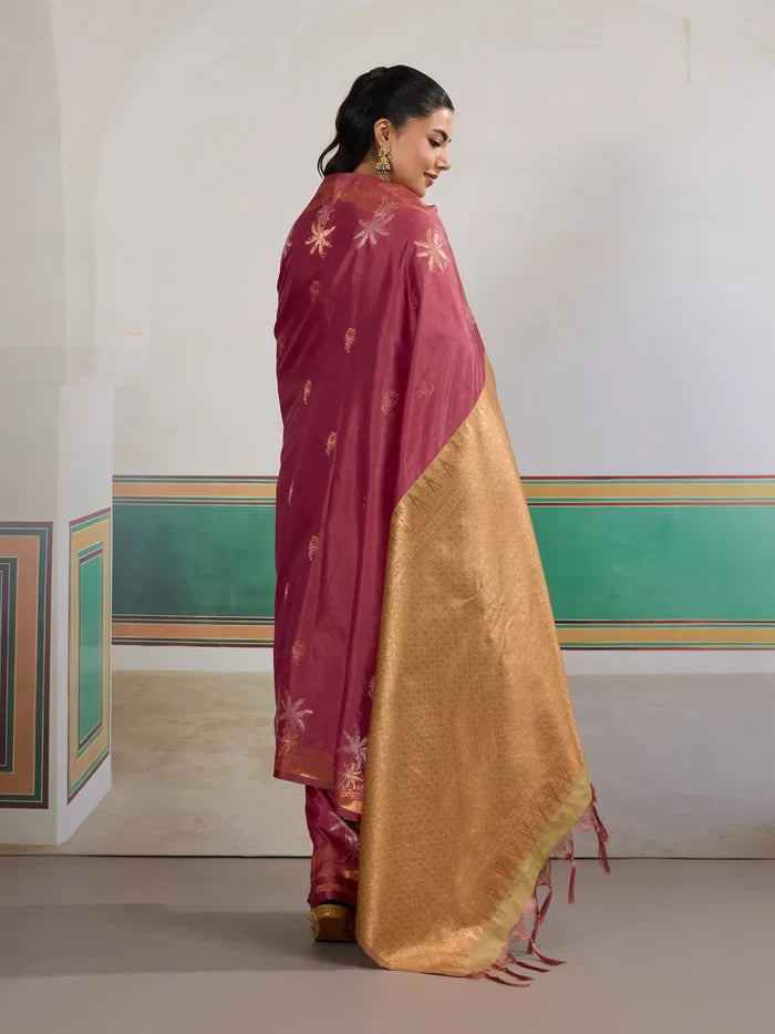 Dark Rose Tussar Silk Weaving Work Saree