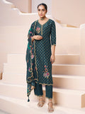 Dark Teal Green Applique Jacquard Kurta with Floral Print Dupatta