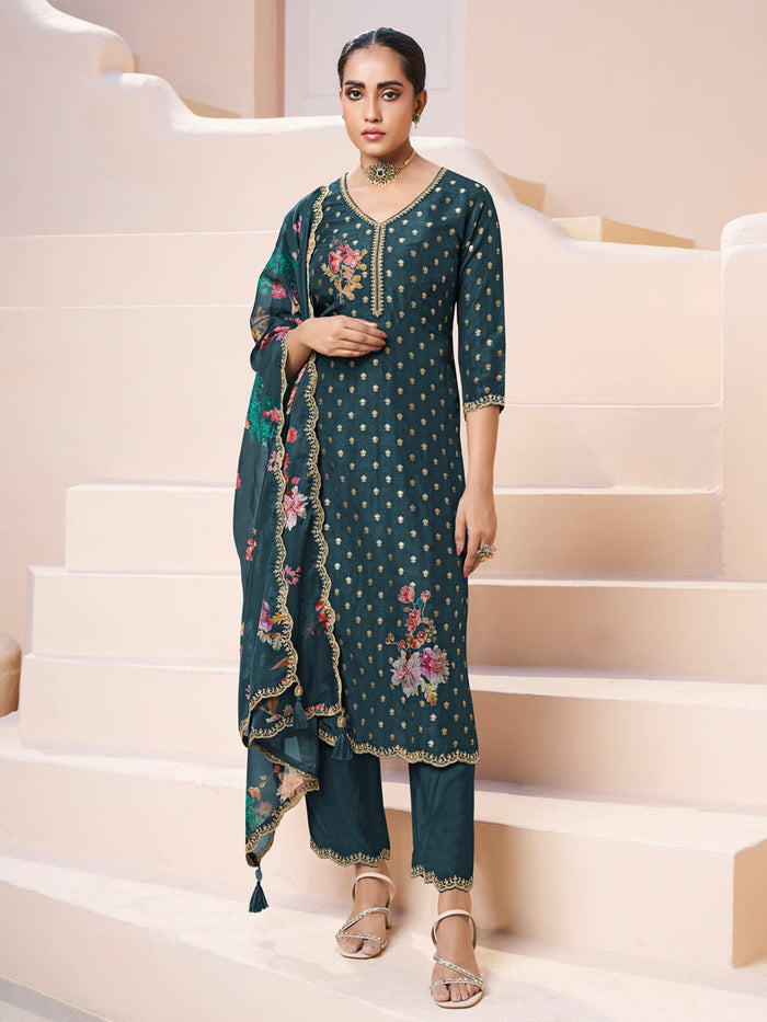 Dark Teal Green Applique Jacquard Kurta with Floral Print Dupatta
