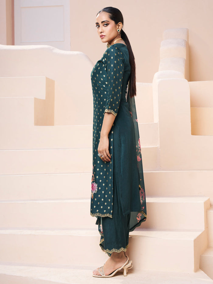 Dark Teal Green Applique Jacquard Kurta with Floral Print Dupatta