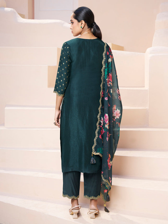 Dark Teal Green Applique Jacquard Kurta with Floral Print Dupatta