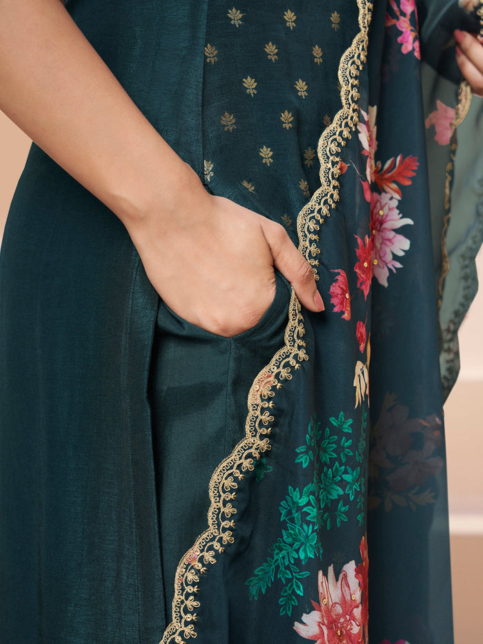 Dark Teal Green Applique Jacquard Kurta with Floral Print Dupatta