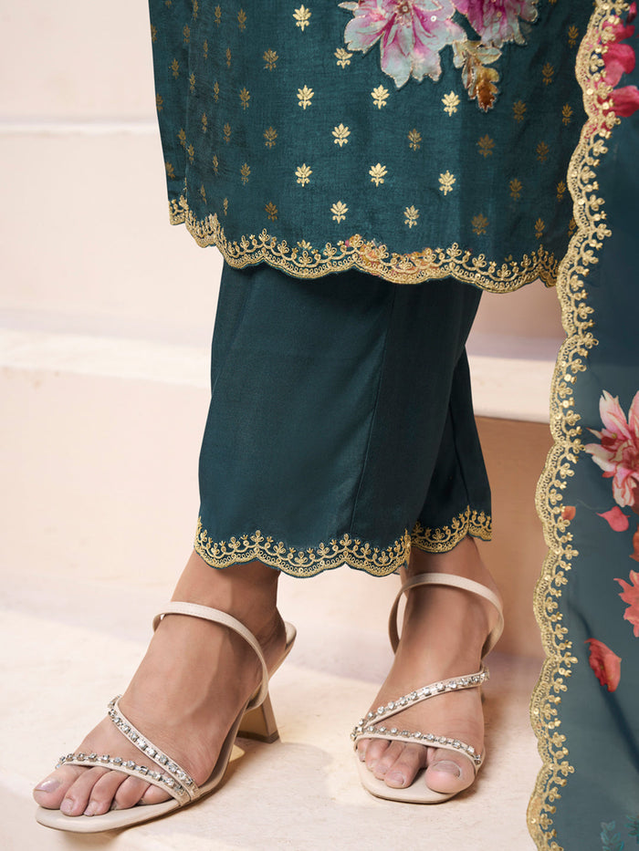 Dark Teal Green Applique Jacquard Kurta with Floral Print Dupatta