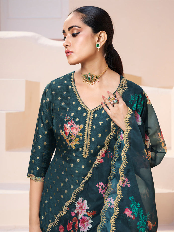 Dark Teal Green Applique Jacquard Kurta with Floral Print Dupatta