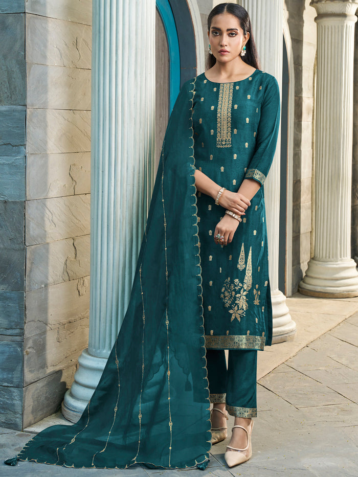 Dark Teal Green Exquisite Placement Weaving kurta Suit Set