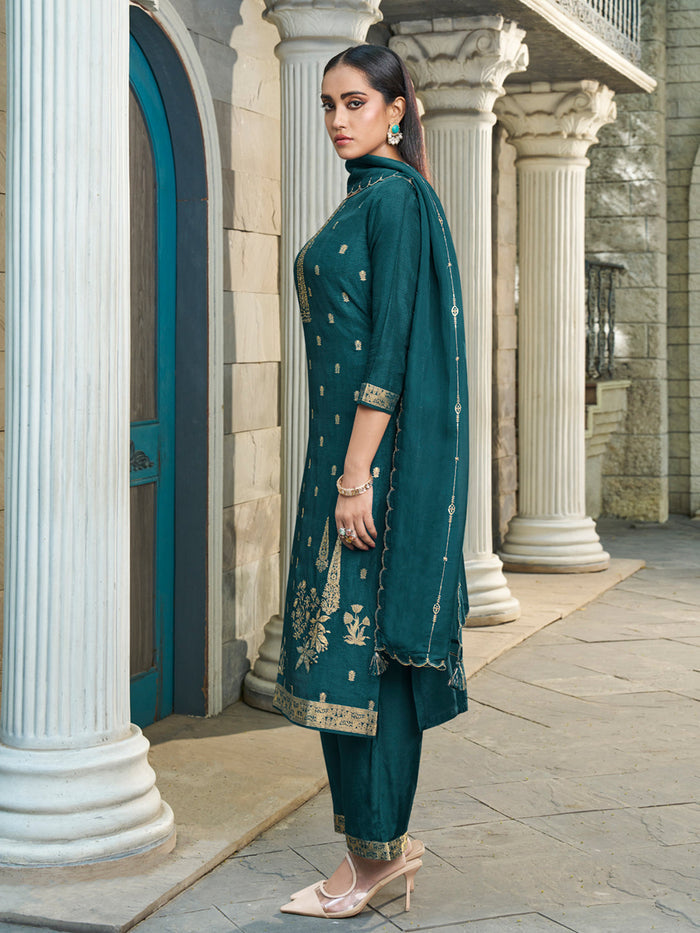 Dark Teal Green Exquisite Placement Weaving kurta Suit Set