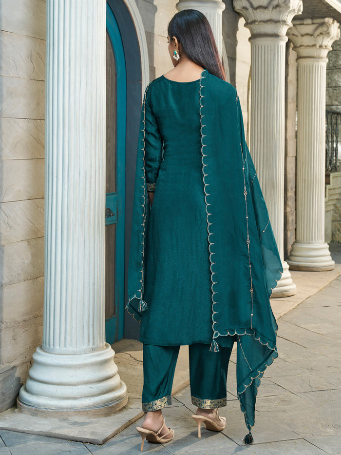 Dark Teal Green Exquisite Placement Weaving kurta Suit Set