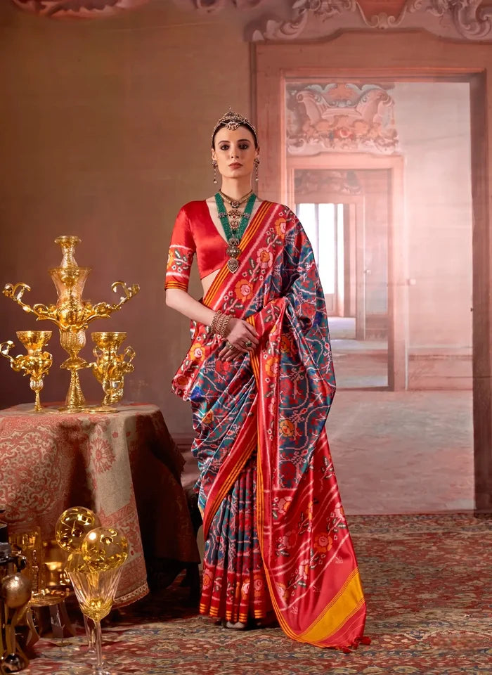 Dark Teal-Red Patan Patola Saree