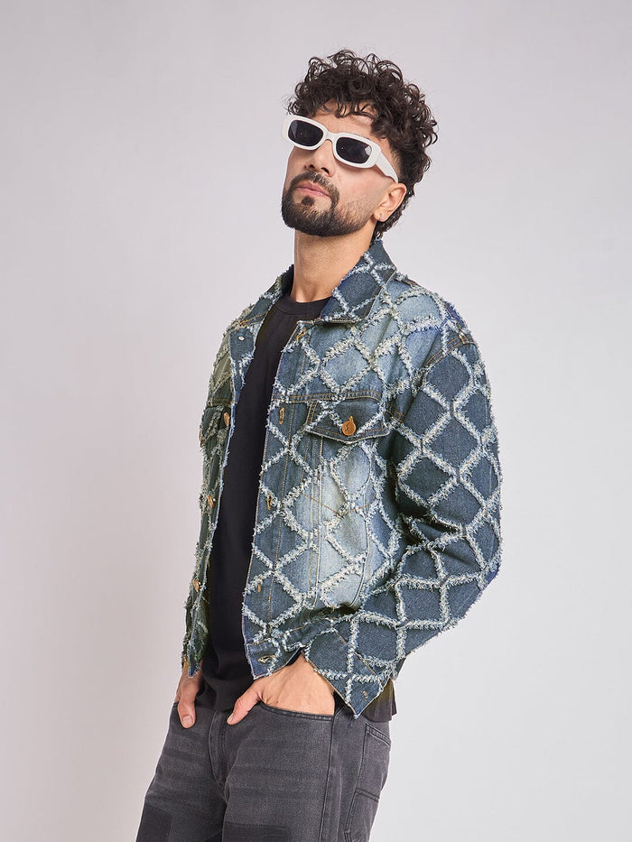 Dark Washed Damaged Patterned Denim Jacket