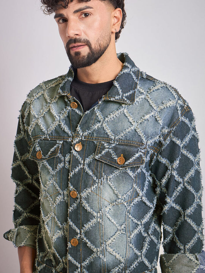 Dark Washed Damaged Patterned Denim Jacket