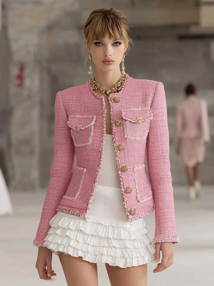 Designer Pink Tweed Patchwork White Trim Button Jacket  - By Qivii