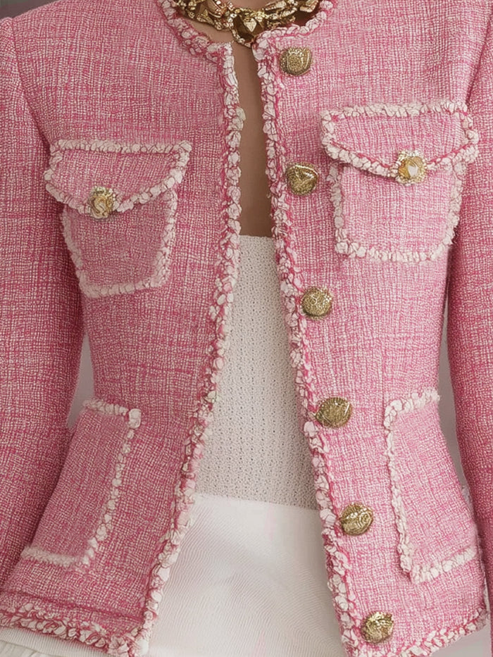 Designer Pink Tweed Patchwork White Trim Button Jacket  - By Qivii