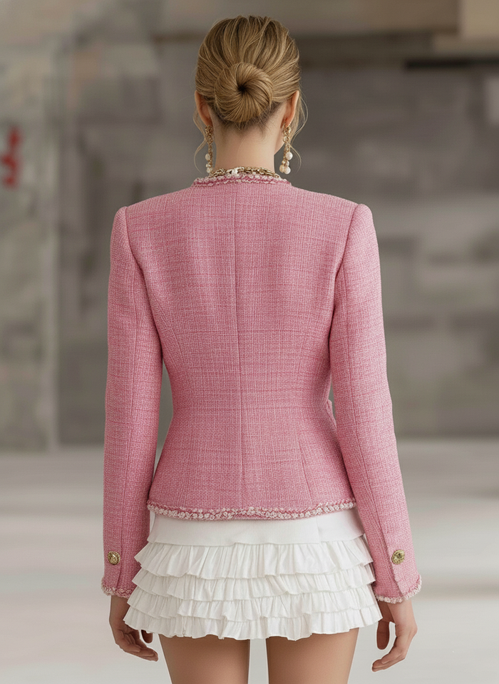 Designer Pink Tweed Patchwork White Trim Button Jacket  - By Qivii