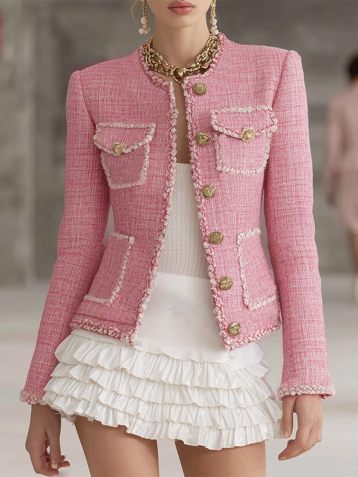Designer Pink Tweed Patchwork White Trim Button Jacket  - By Qivii