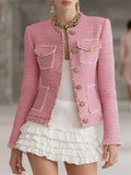 Designer Pink Tweed Patchwork White Trim Button Jacket  - By Qivii