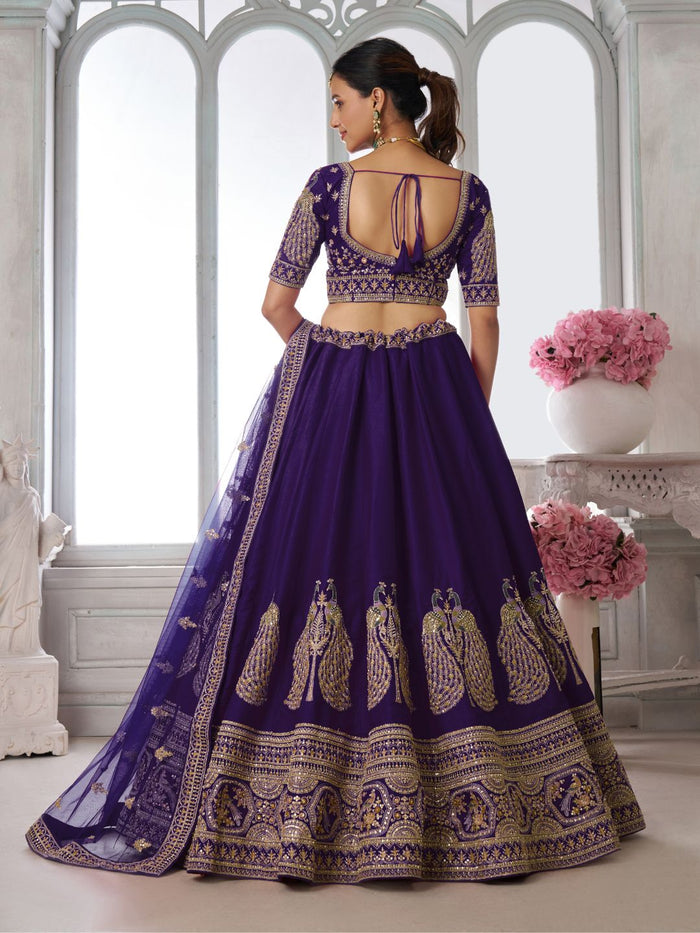 Designer Purple Silk Lehenga Choli with Embroidered Peacock Motifs