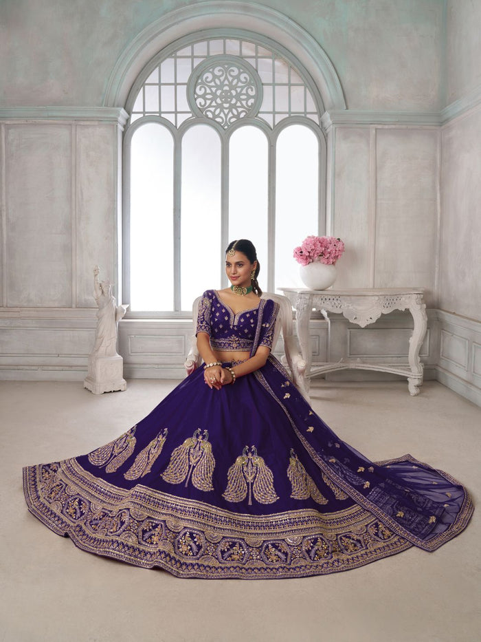 Designer Purple Silk Lehenga Choli with Embroidered Peacock Motifs