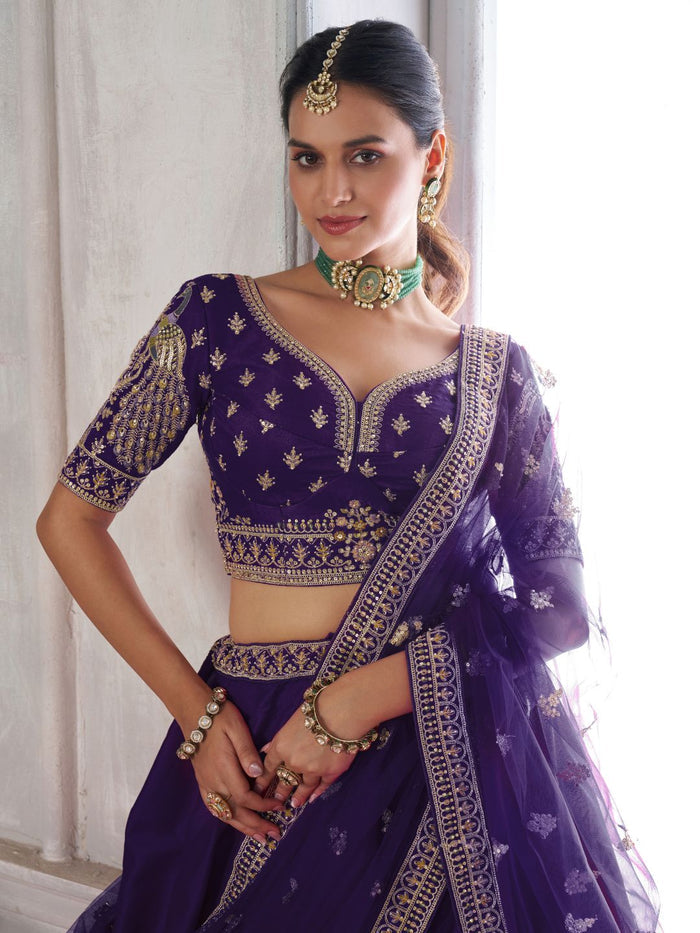 Designer Purple Silk Lehenga Choli with Embroidered Peacock Motifs