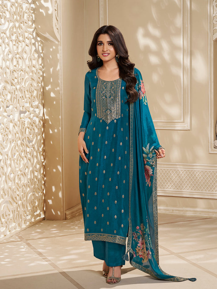 Dola Silk Jacquard Blue Kurta With designer Yoke and handwork  with trousers and Dupatta