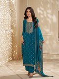 Dola Silk Jacquard Blue Kurta With designer Yoke and handwork  with trousers and Dupatta
