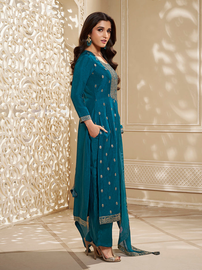 Dola Silk Jacquard Blue Kurta With designer Yoke and handwork  with trousers and Dupatta
