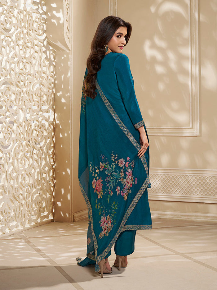 Dola Silk Jacquard Blue Kurta With designer Yoke and handwork  with trousers and Dupatta
