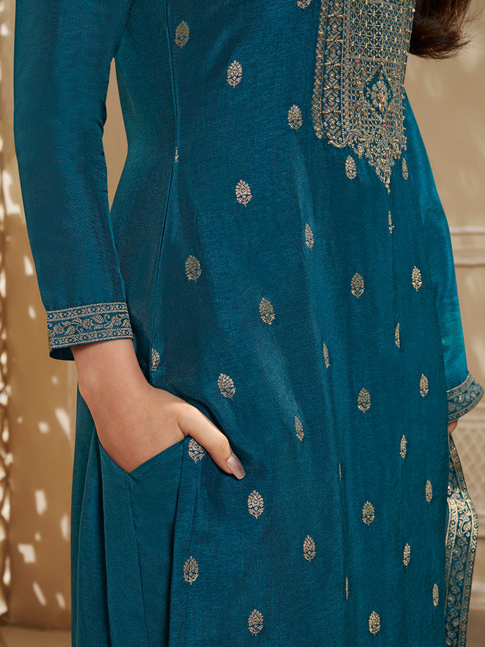 Dola Silk Jacquard Blue Kurta With designer Yoke and handwork  with trousers and Dupatta