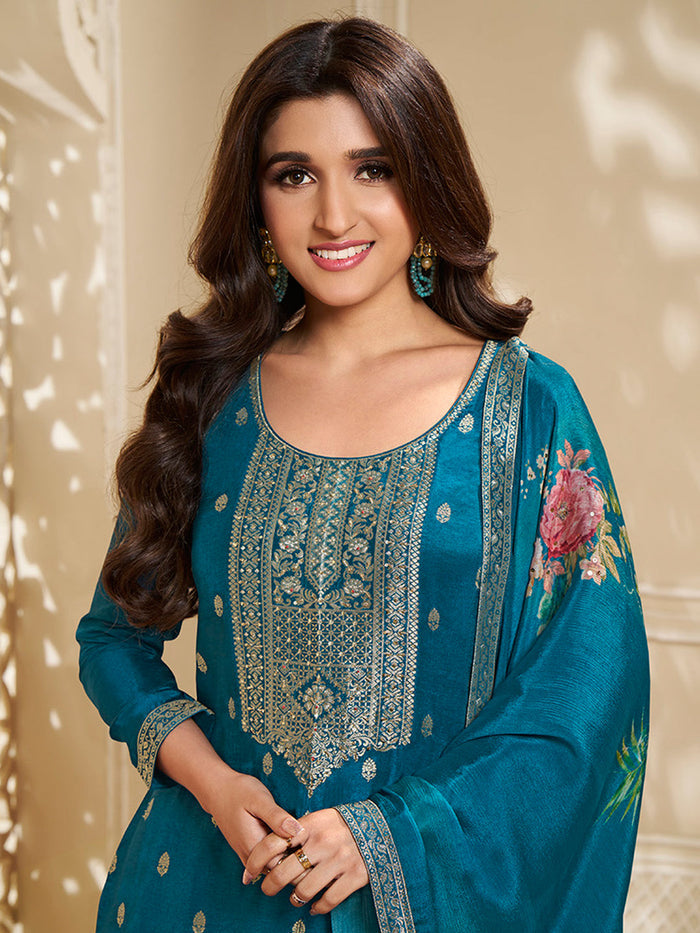 Dola Silk Jacquard Blue Kurta With designer Yoke and handwork  with trousers and Dupatta