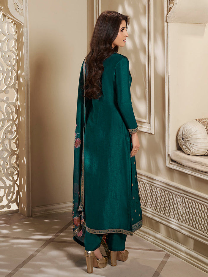 Dola Silk Jacquard Green Kurta With designer Yoke and handwork  with trousers and Dupatta