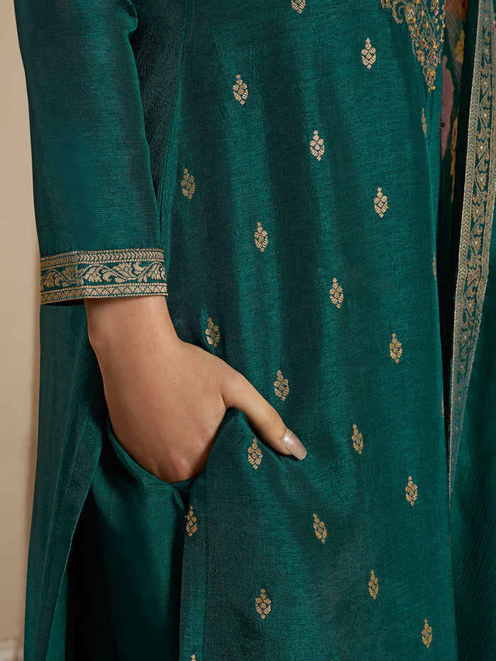 Dola Silk Jacquard Green Kurta With designer Yoke and handwork  with trousers and Dupatta