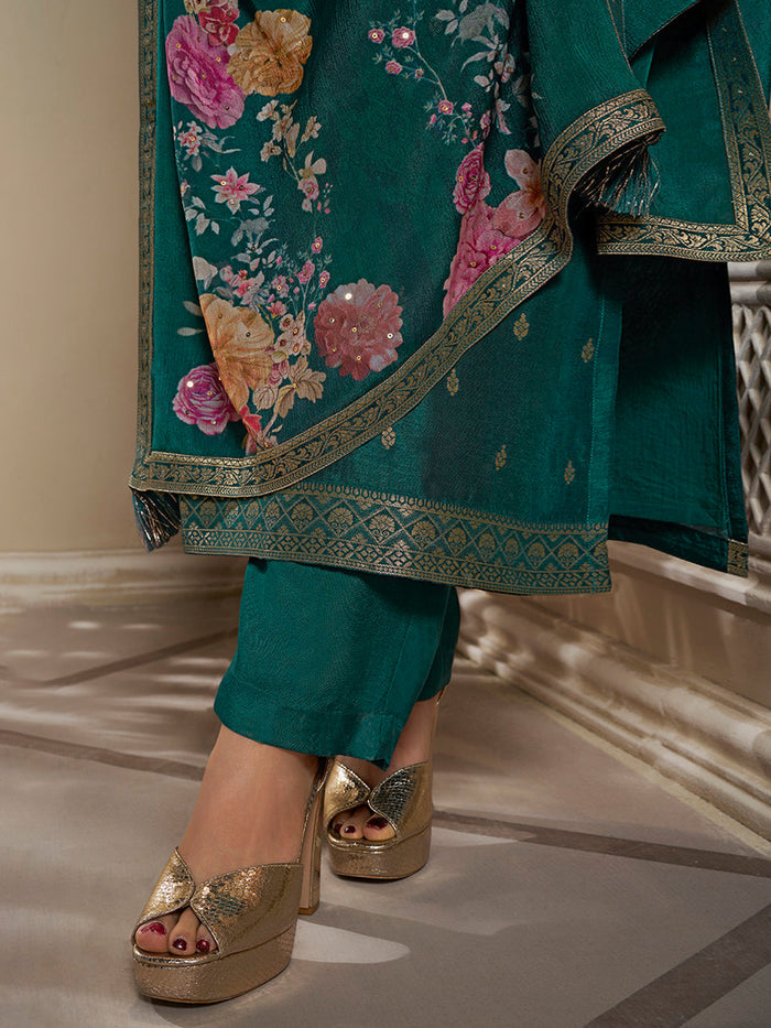 Dola Silk Jacquard Green Kurta With designer Yoke and handwork  with trousers and Dupatta