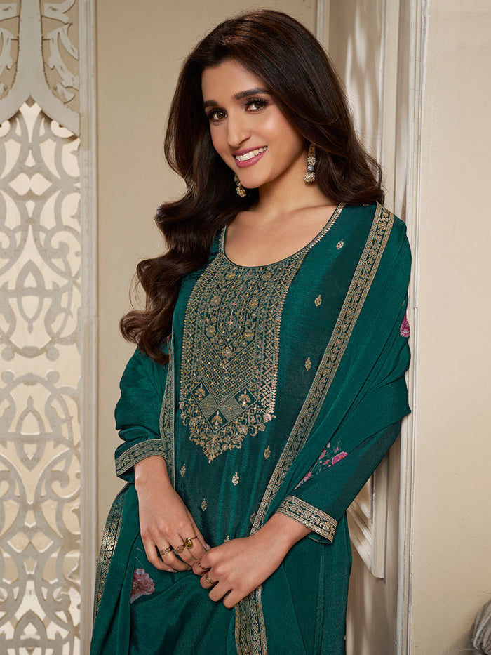 Dola Silk Jacquard Green Kurta With designer Yoke and handwork  with trousers and Dupatta