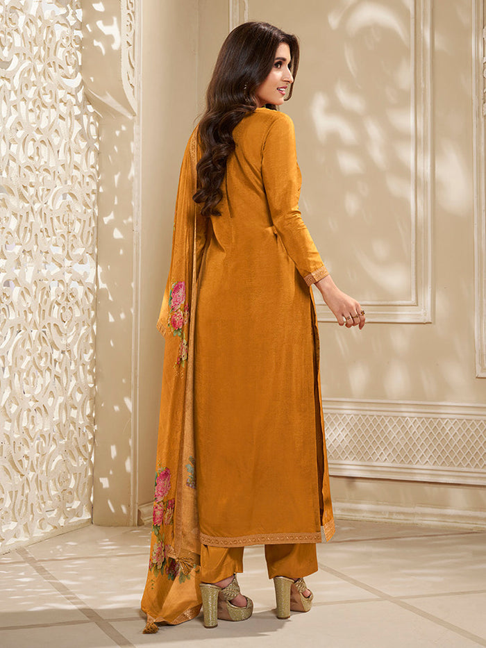 Dola Silk Jacquard Yellow Kurta With designer Yoke and handwork  with trousers and Dupatta