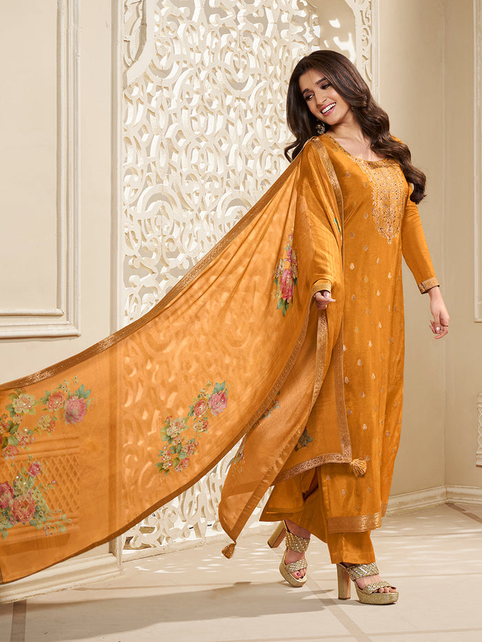 Dola Silk Jacquard Yellow Kurta With designer Yoke and handwork  with trousers and Dupatta