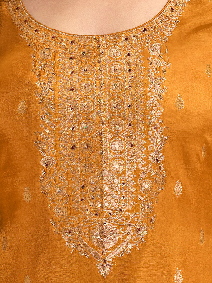 Dola Silk Jacquard Yellow Kurta With designer Yoke and handwork  with trousers and Dupatta