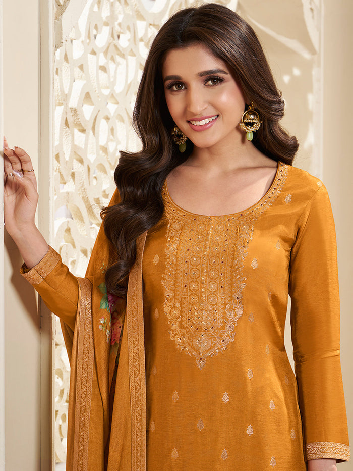 Dola Silk Jacquard Yellow Kurta With designer Yoke and handwork  with trousers and Dupatta
