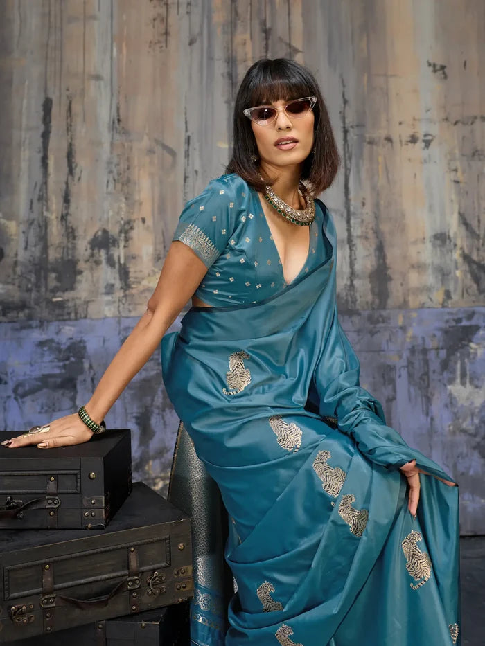 Dusty Blue Zari Weaving Saree