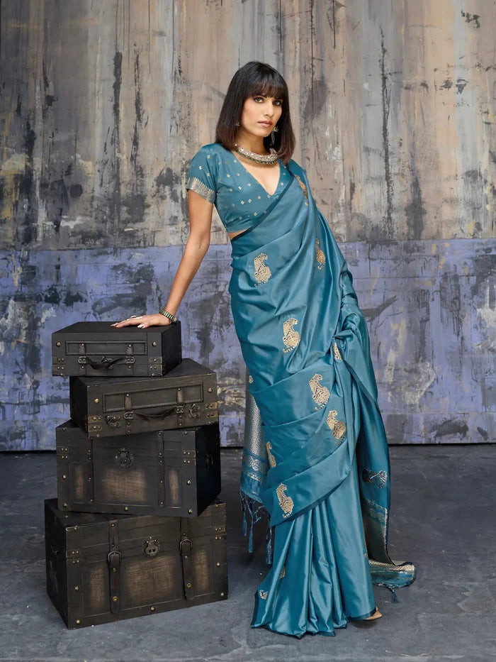 Dusty Blue Zari Weaving Saree