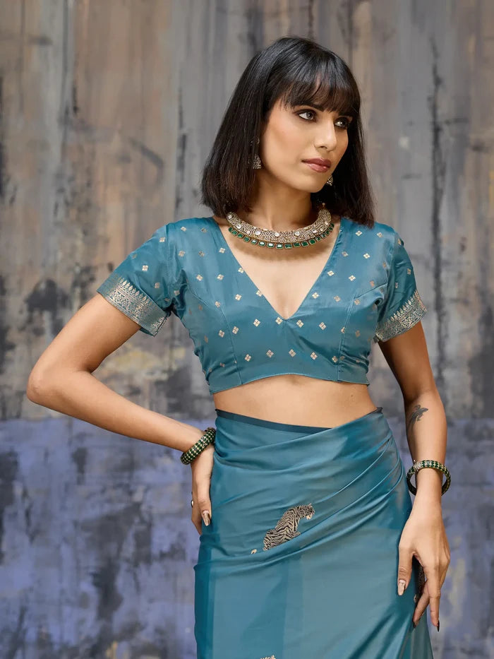 Dusty Blue Zari Weaving Saree