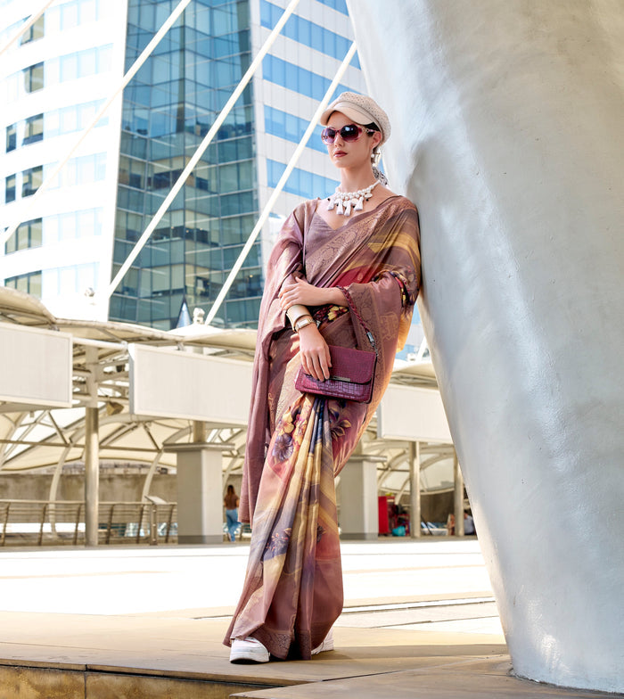 Dusty Lavender Pure Handloom Mashoorm silk with Exclusive Print Saree - qivii
