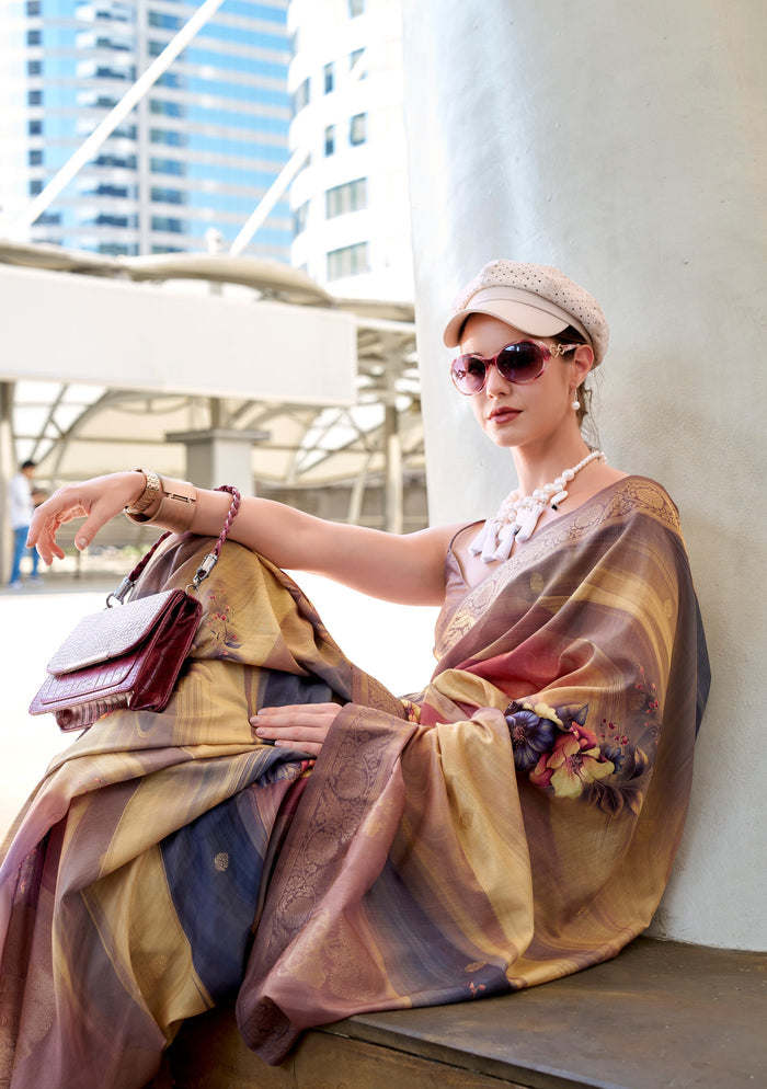 Dusty Lavender Pure Handloom Mashoorm silk with Exclusive Print Saree - qivii