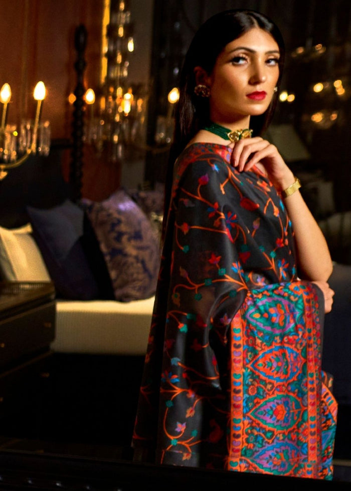Ebony Black Banarasi Jamawar Woven Silk Saree - qivii