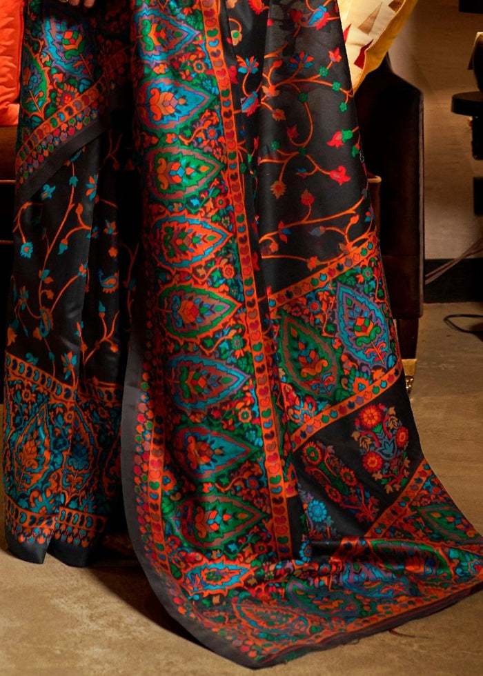 Ebony Black Banarasi Jamawar Woven Silk Saree - qivii