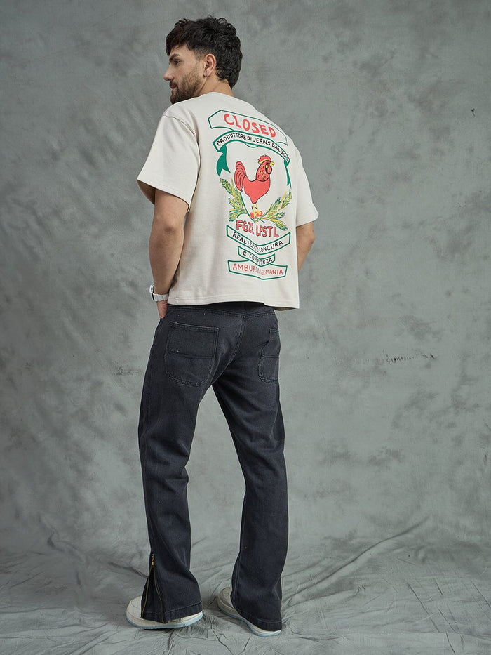 Ecru Rooster Graphic Oversized Tshirt
