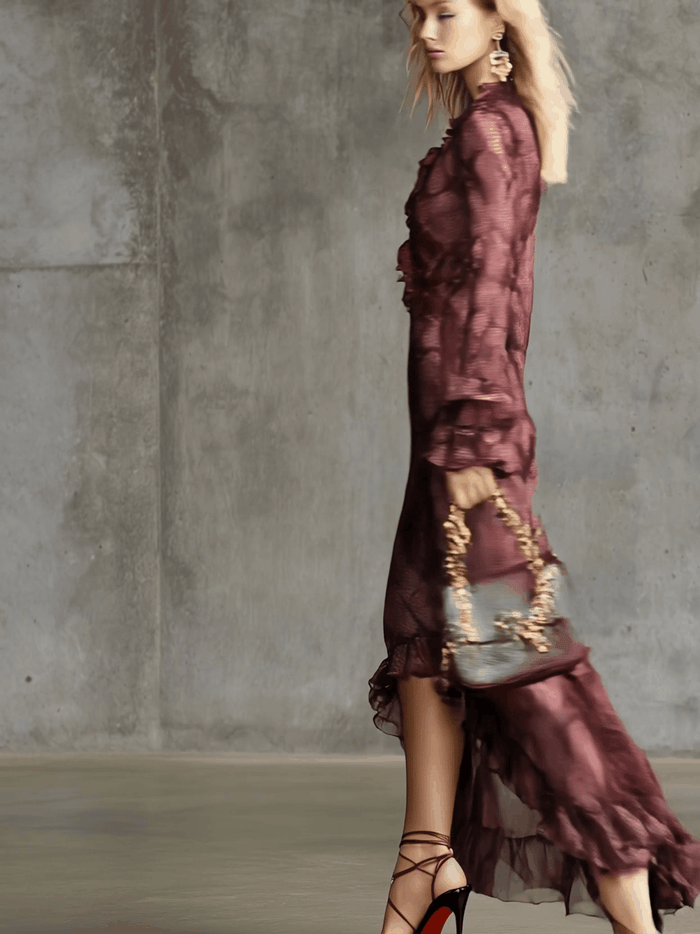 Elegant And Fashionable Burgundy Chiffon Snakeskin Pattern Ruffled Long-Sleeved Maxi Dress  - By Qivii