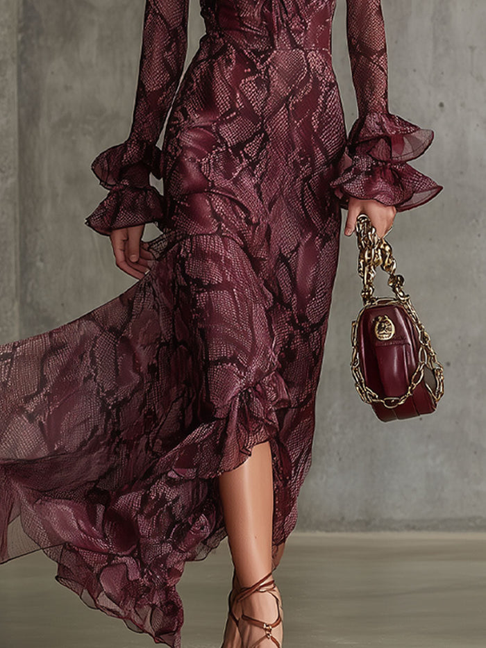 Elegant And Fashionable Burgundy Chiffon Snakeskin Pattern Ruffled Long-Sleeved Maxi Dress  - By Qivii