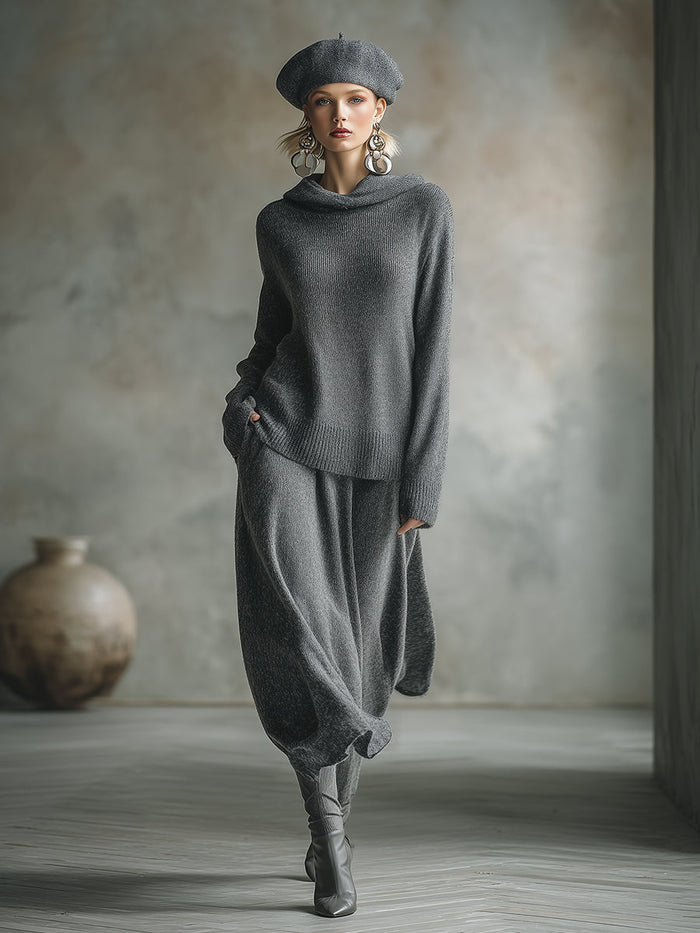 Elegant Minimalist Gray Hooded Sweater Skirt Set  - By Qivii